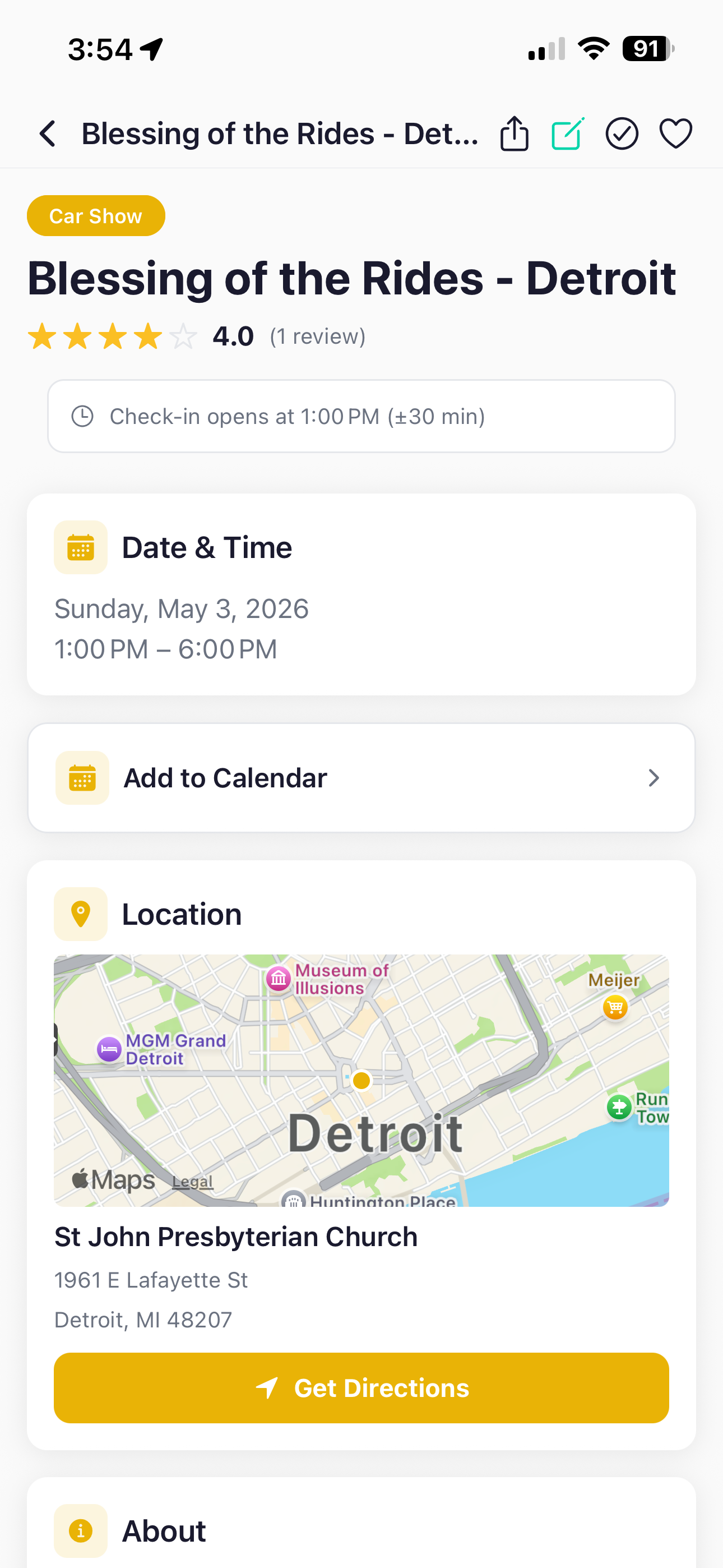 Woodward Wednesday Cruise Night, dark mode event detail with map, directions, and date
