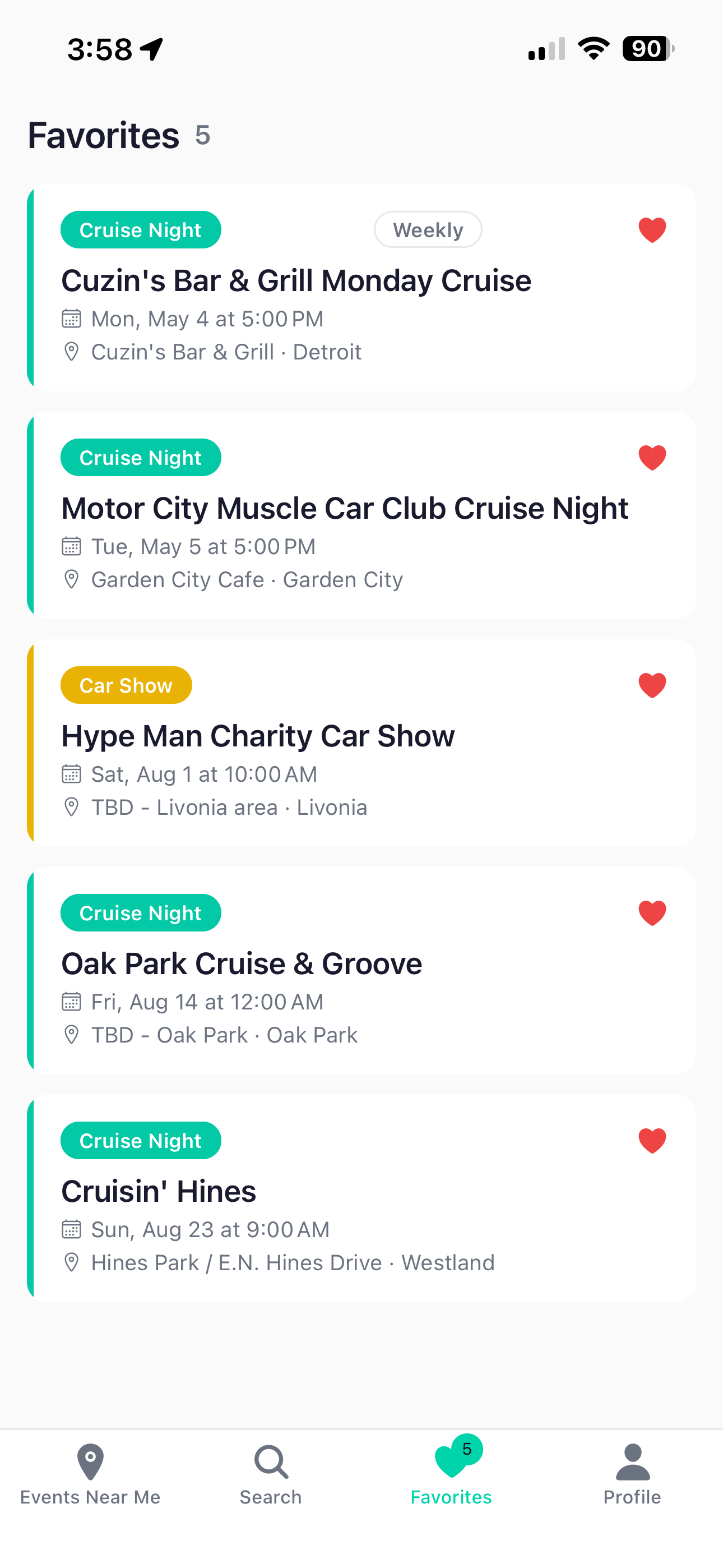 Saved favorite events in dark mode
