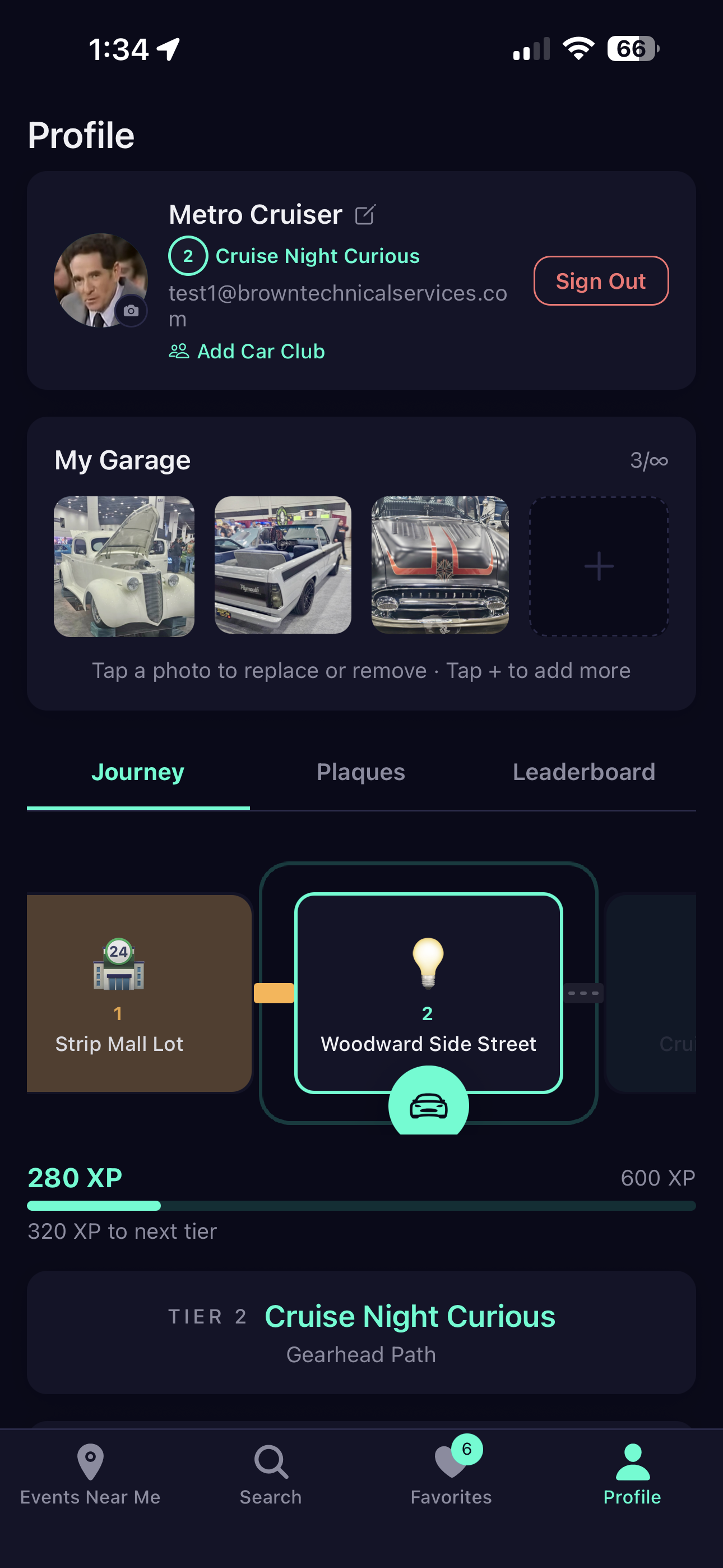 Profile screen — My Garage, Evolution Journey tiers, 280 XP progress bar