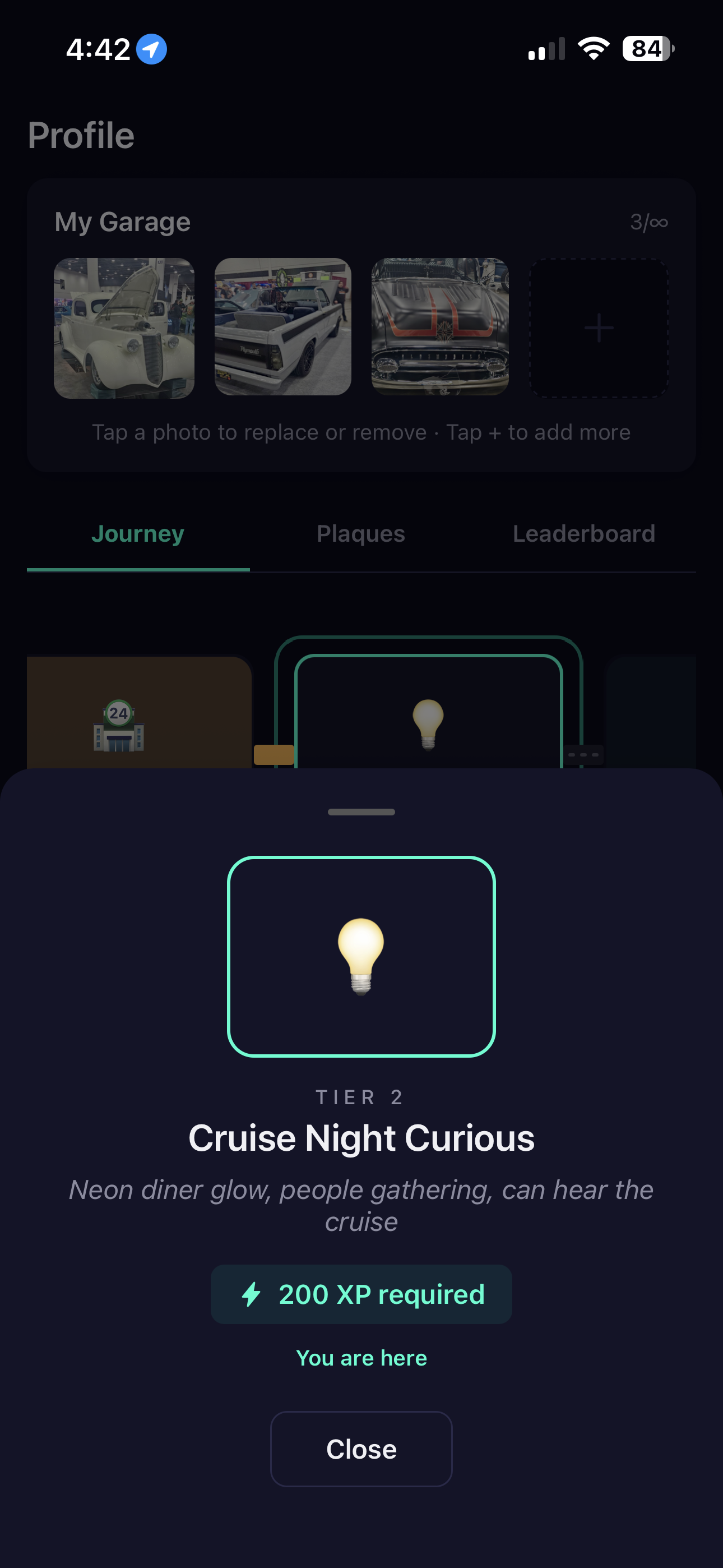 Evolution Journey — Tier 2 Cruise Night Curious with lightbulb icon and XP milestone
