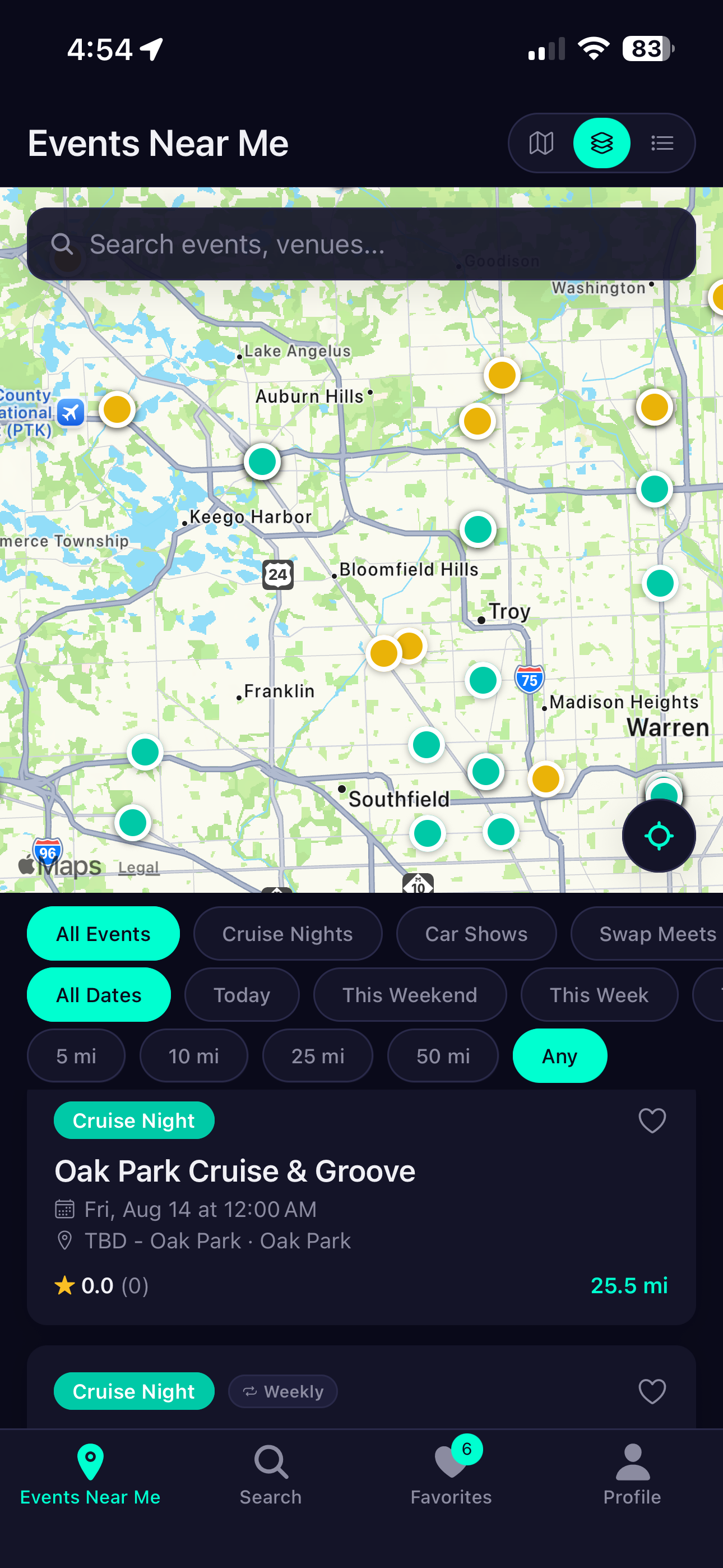 Dark mode map view of Southeast Michigan