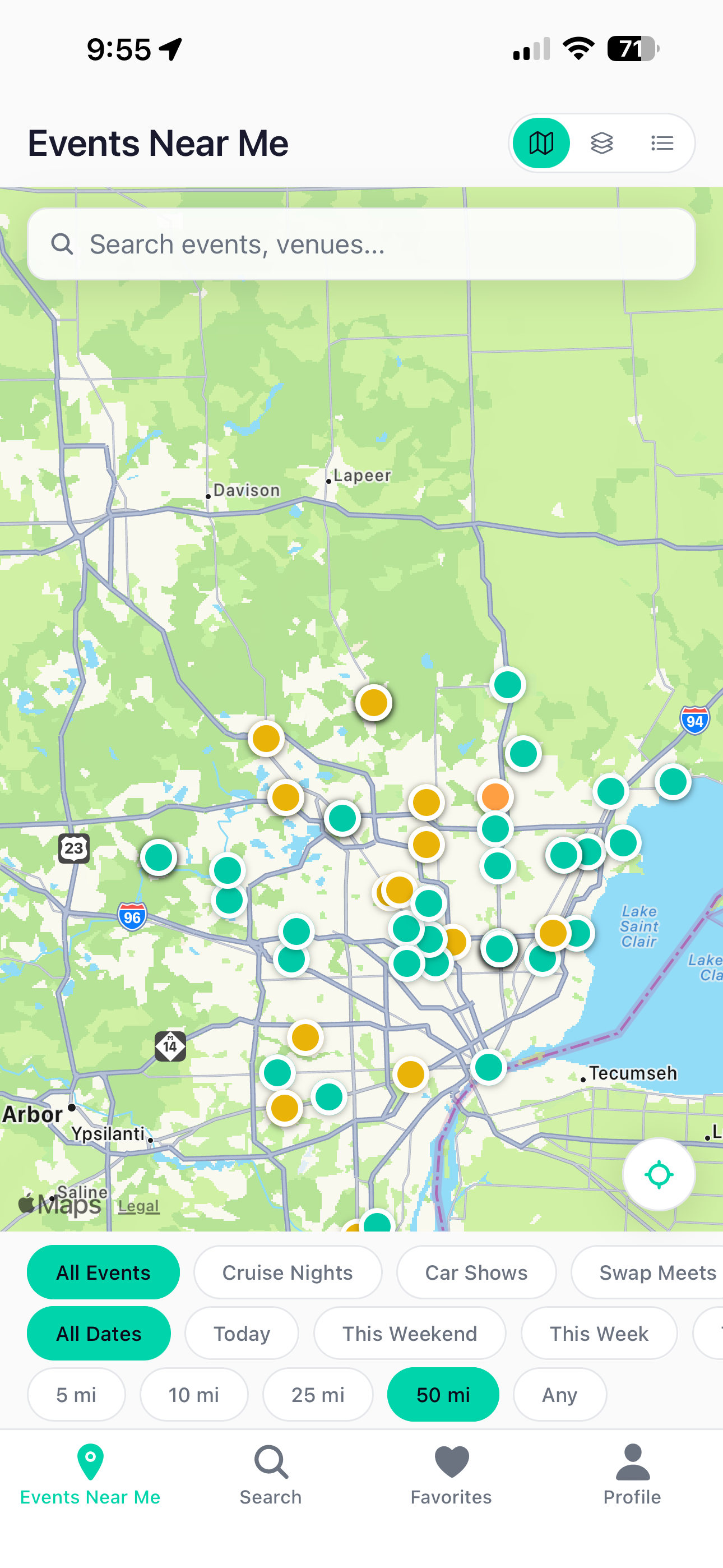 Events Near Me, full Metro Detroit map packed with event pins