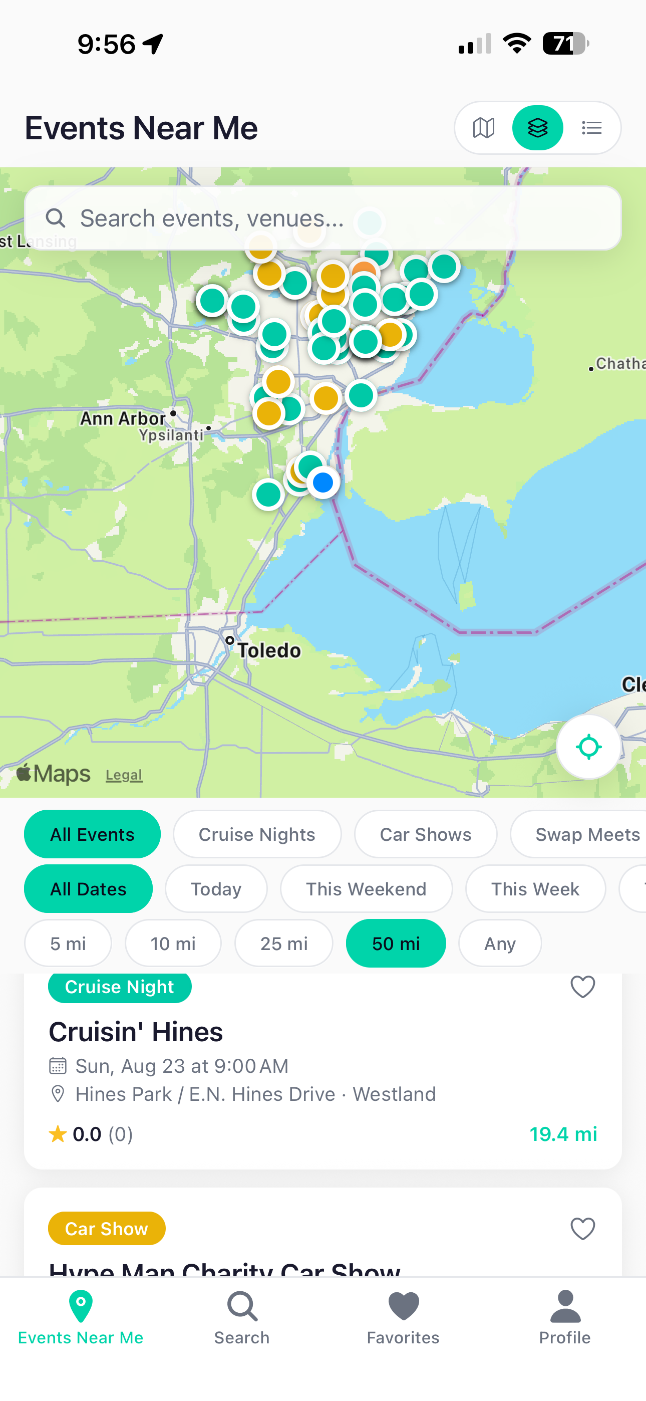 Events Near Me map, SE Michigan with color-coded pins