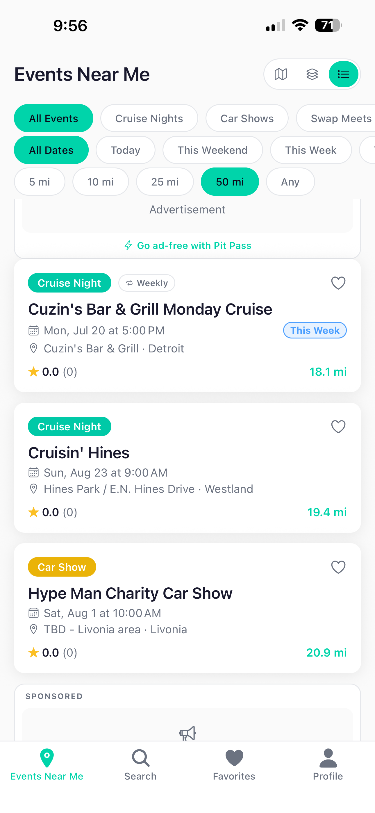 Metro Detroit event list with filters and event cards