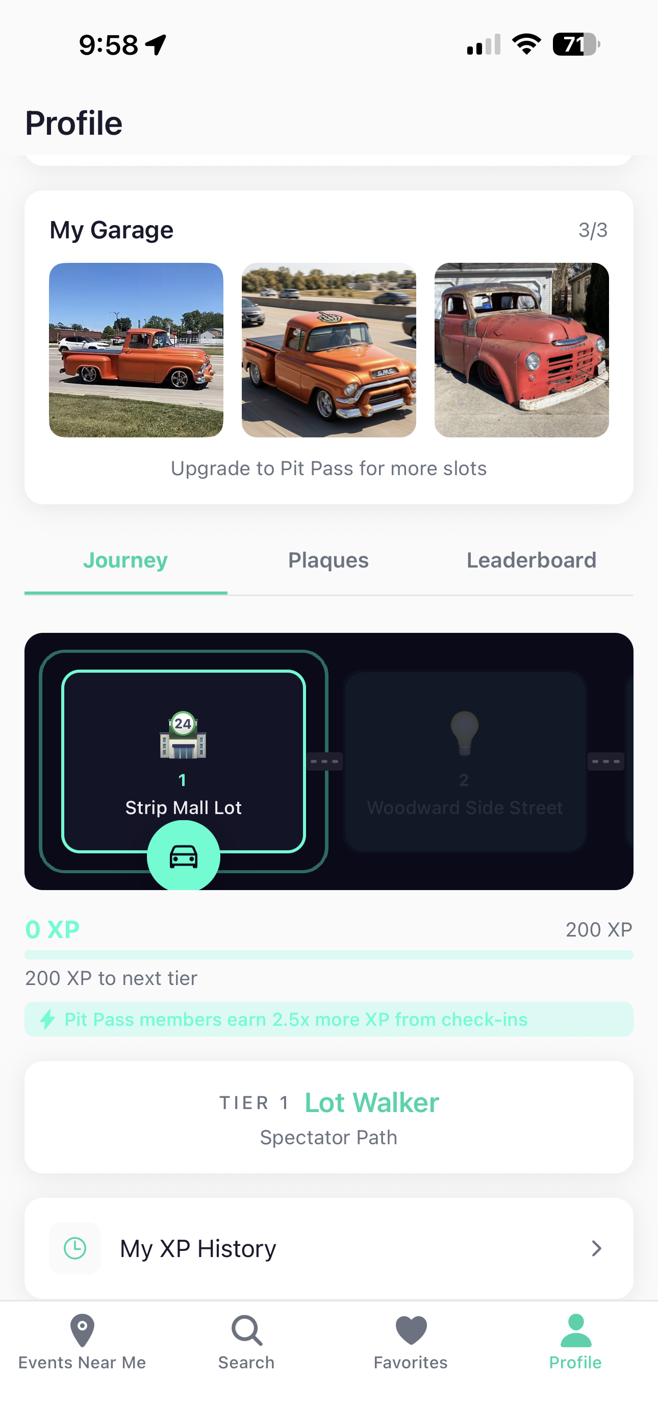 Profile garage and Evolution Journey progress