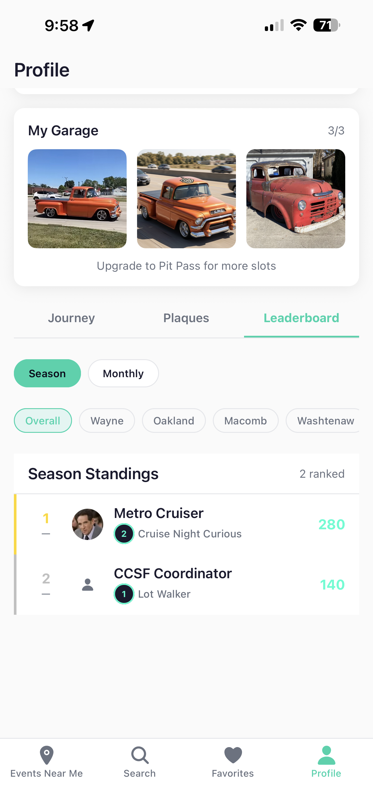 Season leaderboard standings