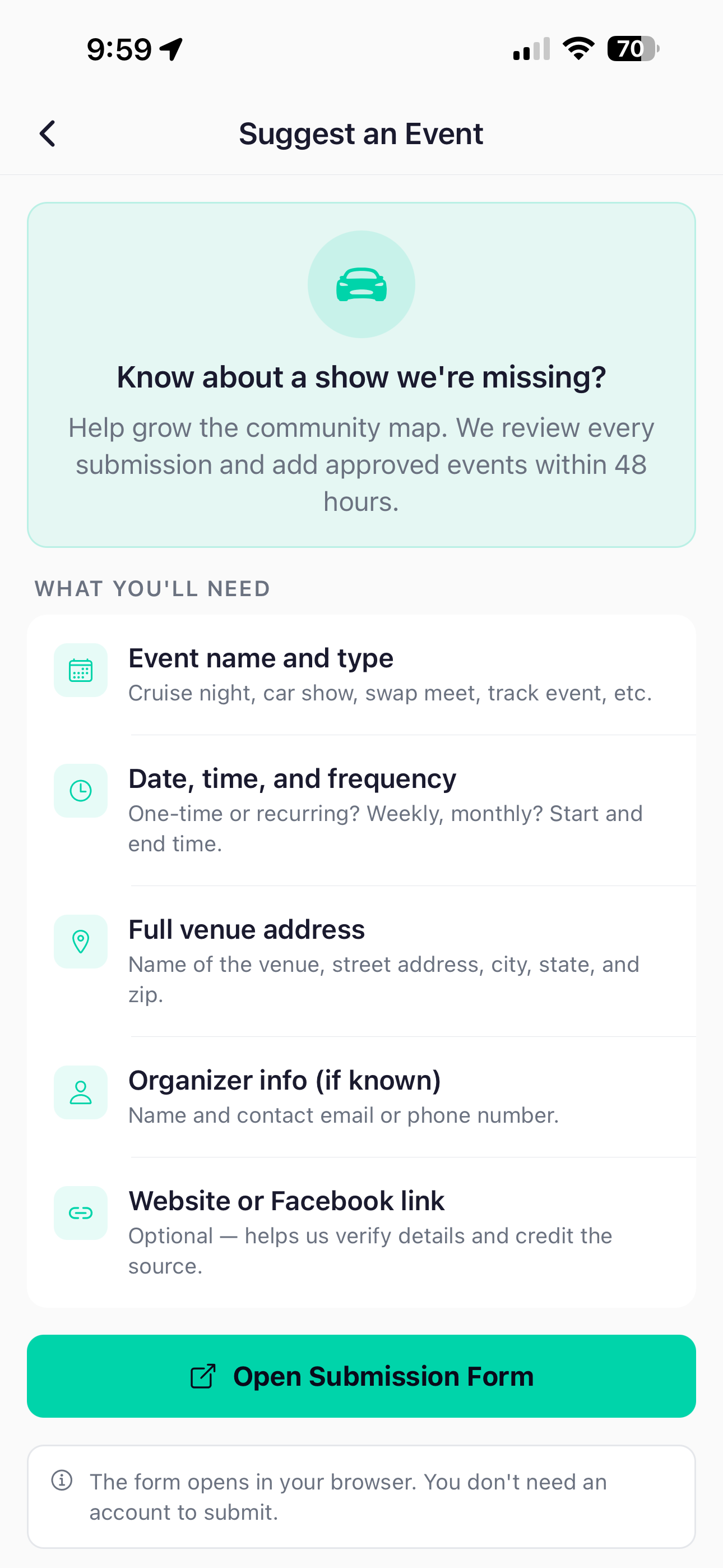 Suggest an Event screen with submission requirements