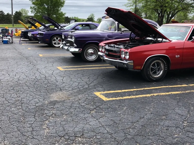 A row of classic cars with their hoods up in a show lot: a red Chevelle SS in front, purple Mopars behind.
