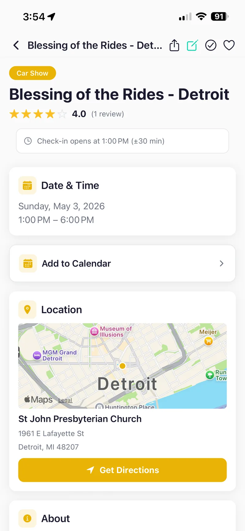 Event detail screen with date, venue, directions and organizer information