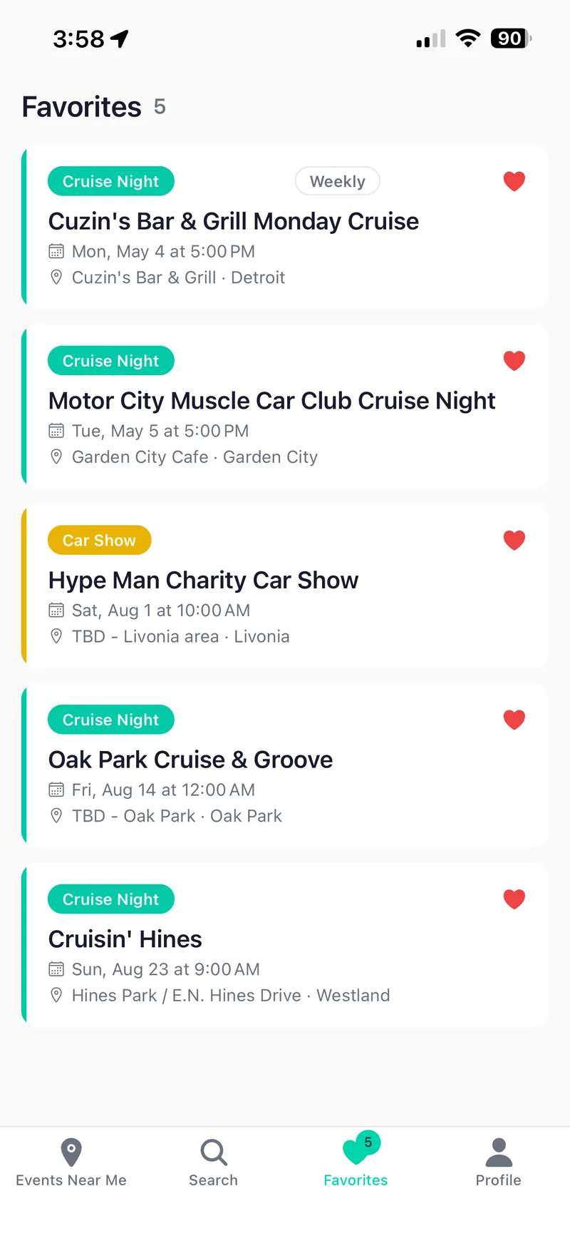 Saved favourite events