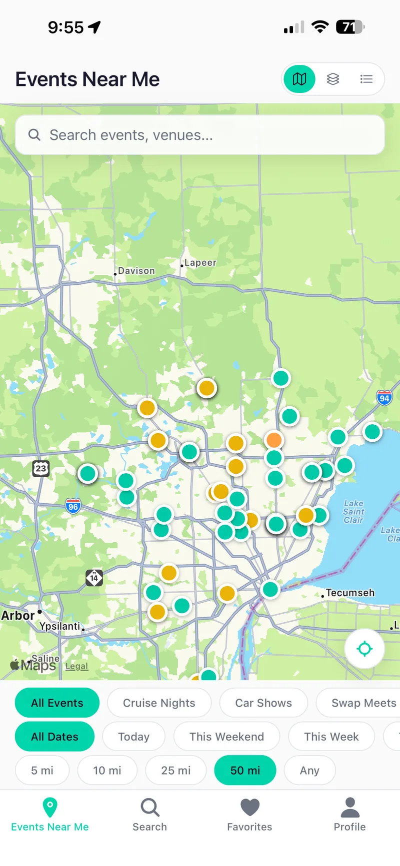Map view of the app showing colour-coded car show pins across Metro Detroit
